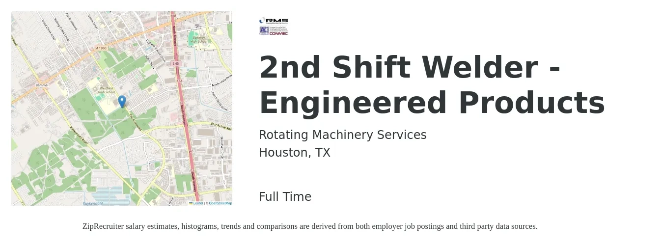 Rotating Machinery Services job posting for a 2nd Shift Welder - Engineered Products in Houston, TX with a salary of $18 to $22 Hourly with a map of Houston location.
