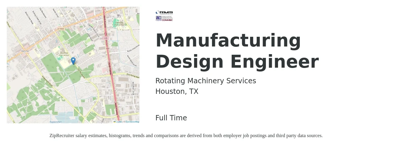 Rotating Machinery Services job posting for a Manufacturing Design Engineer in Houston, TX with a salary of $59,200 to $84,500 Yearly with a map of Houston location.