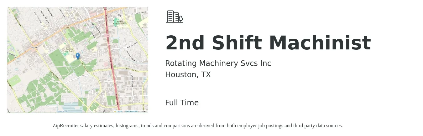 Rotating Machinery Svcs Inc job posting for a 2nd Shift Machinist in Houston, TX with a salary of $17 to $22 Hourly with a map of Houston location.