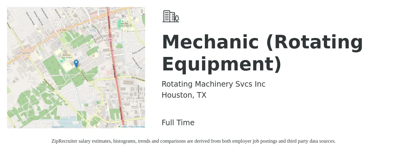 Rotating Machinery Svcs Inc job posting for a Mechanic (Rotating Equipment) in Houston, TX with a salary of $22 to $29 Hourly with a map of Houston location.