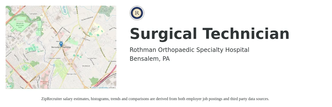Rothman Orthopaedic Specialty Hospital job posting for a Surgical Technician in Bensalem, PA with a salary of $1,390 to $2,290 Weekly with a map of Bensalem location.