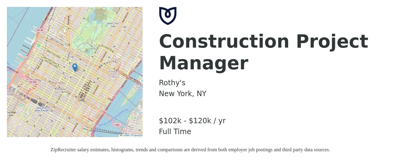 Rothy's job posting for a Construction Project Manager in New York, NY with a salary of $102,000 to $120,000 Yearly with a map of New York location.