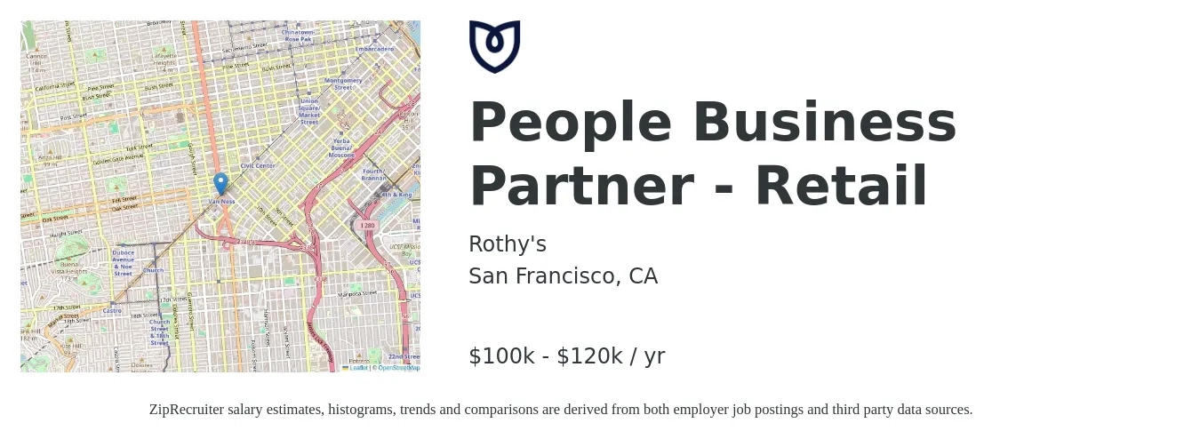 Rothy's job posting for a People Business Partner - Retail in San Francisco, CA with a salary of $100,000 to $120,000 Yearly with a map of San Francisco location.