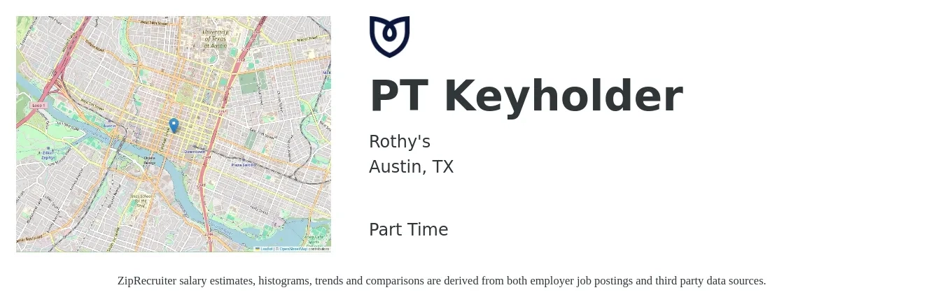 Rothy's job posting for a PT Keyholder in Austin, TX with a salary of $14 to $17 Hourly with a map of Austin location.