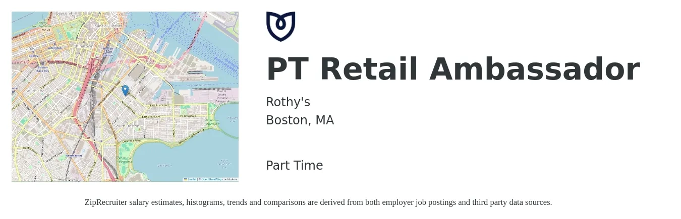 Rothy's job posting for a PT Retail Ambassador in Boston, MA with a salary of $16 to $20 Hourly with a map of Boston location.
