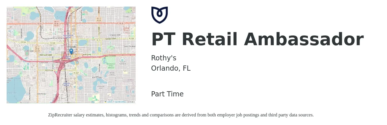 Rothy's job posting for a PT Retail Ambassador in Orlando, FL with a salary of $14 to $17 Hourly with a map of Orlando location.