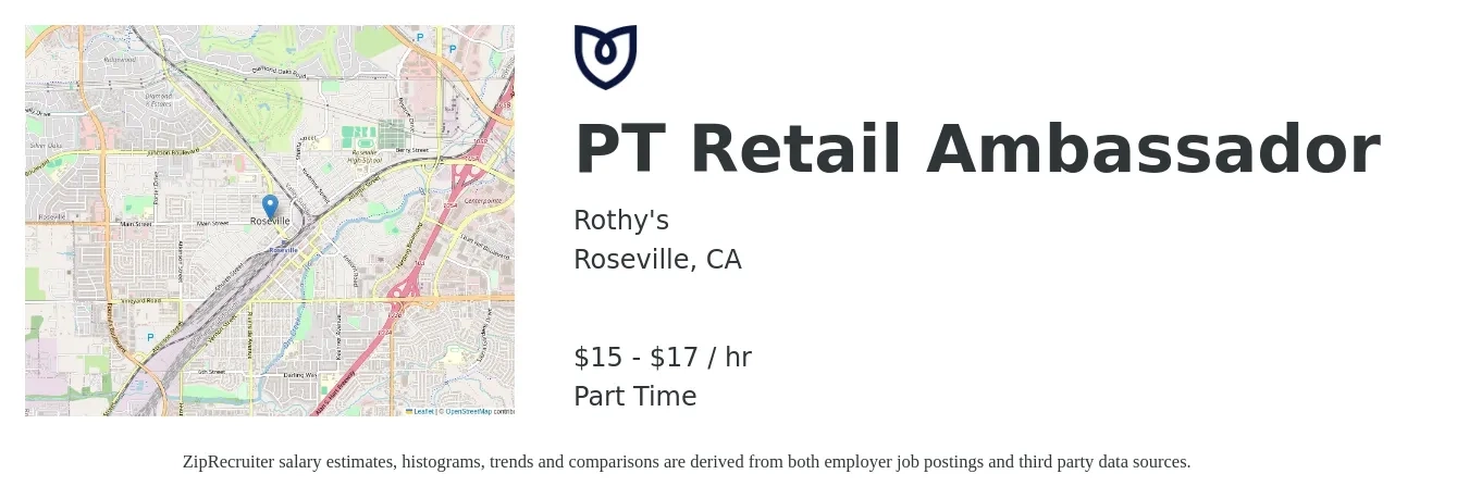 Rothy's job posting for a PT Retail Ambassador in Roseville, CA with a salary of $16 to $18 Hourly with a map of Roseville location.