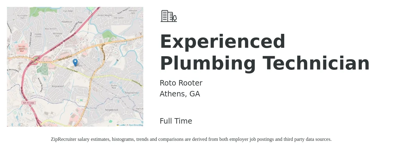 Roto Rooter job posting for a Experienced Plumbing Technician in Athens, GA with a salary of $22 to $32 Hourly with a map of Athens location.