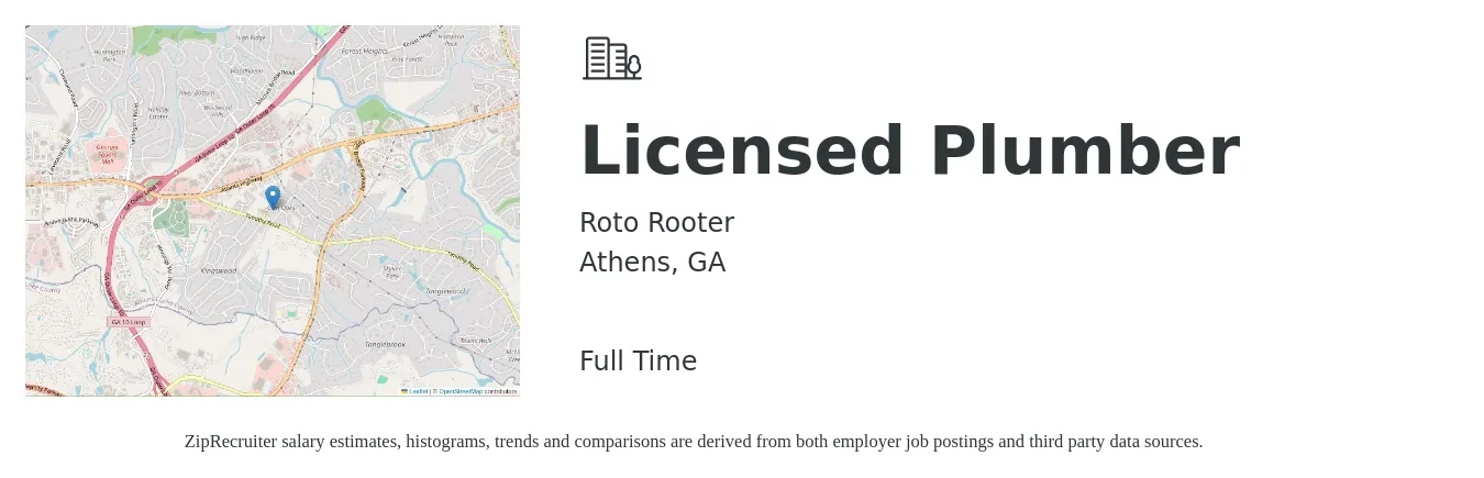 Roto Rooter job posting for a Licensed Plumber in Athens, GA with a salary of $25 to $38 Hourly with a map of Athens location.