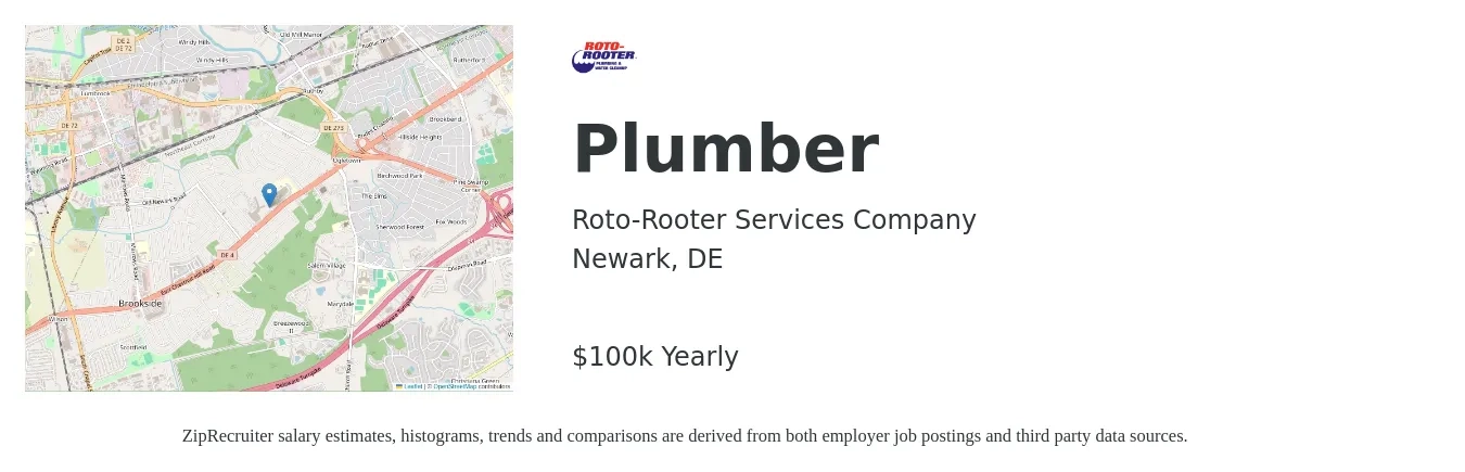 Roto-Rooter Services Company job posting for a Plumber in Newark, DE with a salary of $100,000 Yearly with a map of Newark location.
