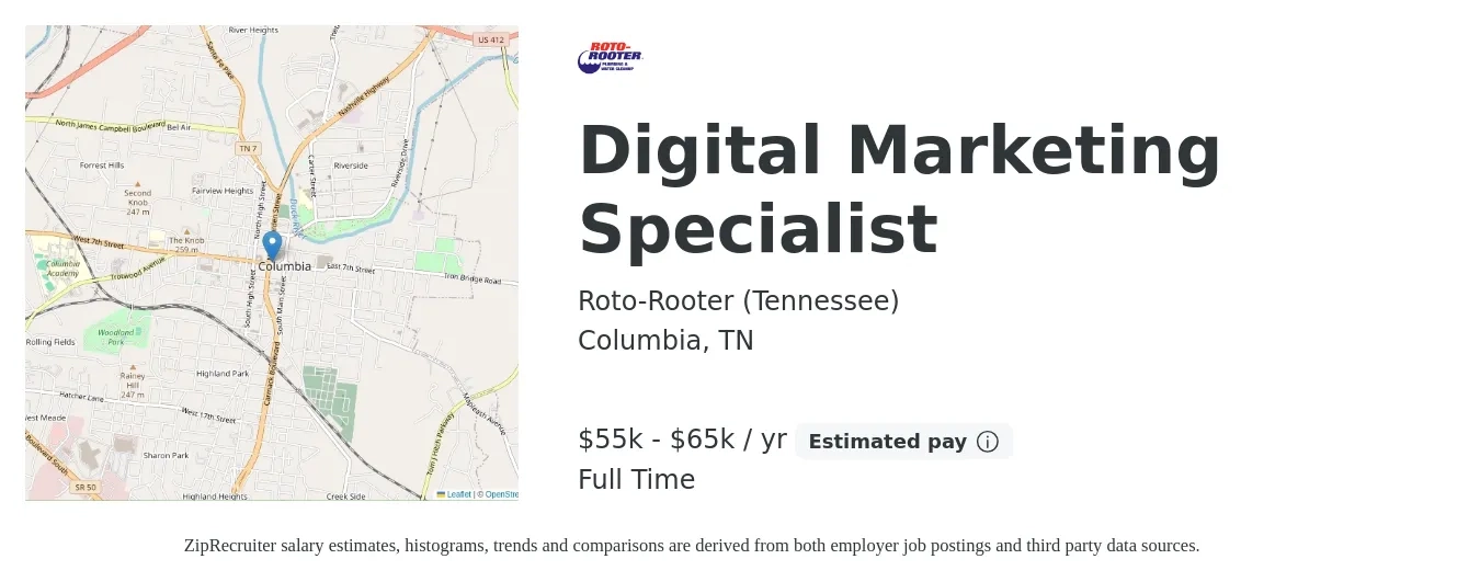 Roto-Rooter (Tennessee) job posting for a Digital Marketing Specialist in Columbia, TN with a salary of $55,000 to $65,000 Yearly with a map of Columbia location.