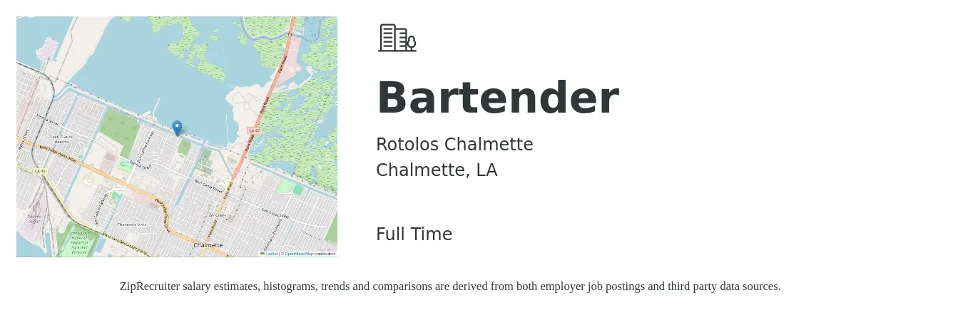 Rotolos Chalmette job posting for a Bartender in Chalmette, LA with a salary of $9 to $17 Hourly with a map of Chalmette location.