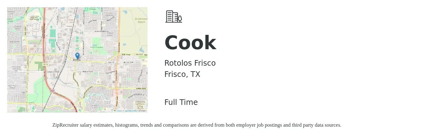 Rotolos Frisco job posting for a Cook in Frisco, TX with a salary of $15 to $20 Hourly with a map of Frisco location.