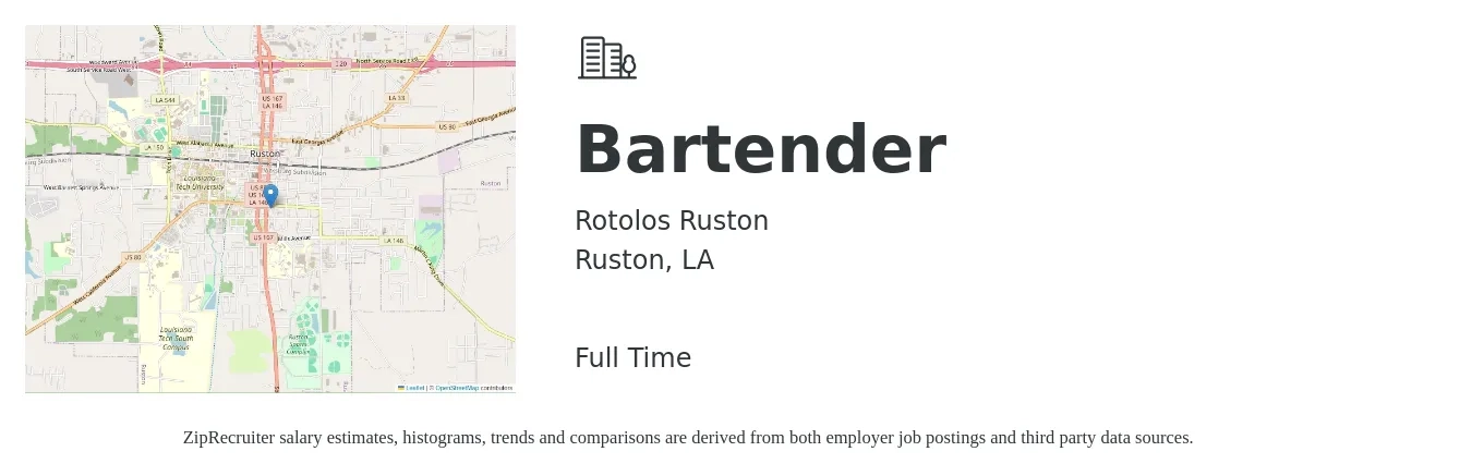 Rotolos Ruston job posting for a Bartender in Ruston, LA with a salary of $8 to $15 Hourly with a map of Ruston location.
