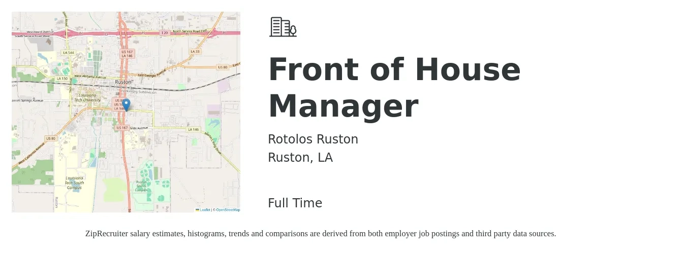 Rotolos Ruston job posting for a Front of House Manager in Ruston, LA with a salary of $13 to $22 Hourly with a map of Ruston location.