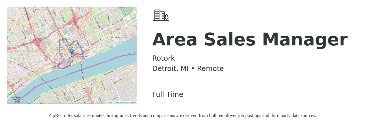 Rotork job posting for a Area Sales Manager in Detroit, MI with a salary of $71,300 to $111,400 Yearly with a map of Detroit location.