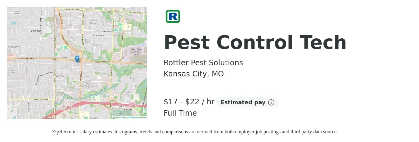 Rottler Pest Solutions job posting for a Pest Control Tech in Kansas City, MO with a salary of $18 to $23 Hourly with a map of Kansas City location.