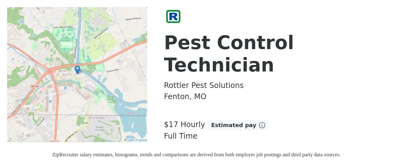 Rottler Pest Solutions job posting for a Pest Control Technician in Fenton, MO with a salary of $18 Hourly with a map of Fenton location.