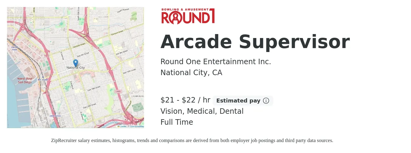 Round One Entertainment Inc. job posting for a Arcade Supervisor in National City, CA with a salary of $22 to $23 Hourly and benefits including pto, retirement, vision, dental, life_insurance, and medical with a map of National City location.