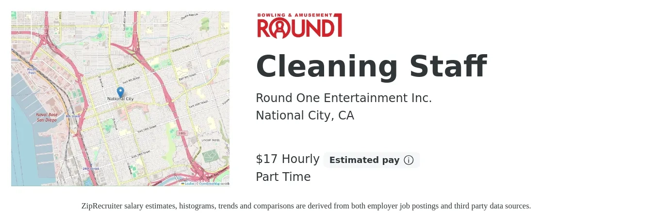 Round One Entertainment Inc. job posting for a Cleaning Staff in National City, CA with a salary of $18 Hourly with a map of National City location.