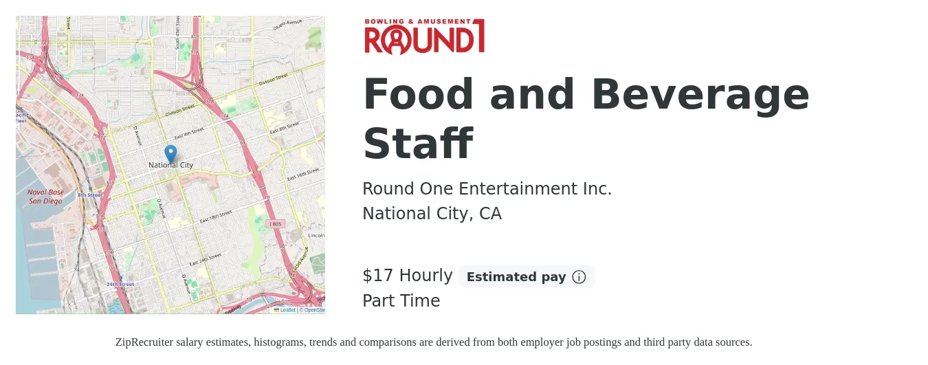 Round One Entertainment Inc. job posting for a Food and Beverage Staff in National City, CA with a salary of $18 Hourly with a map of National City location.