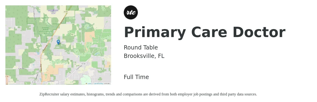 Round Table job posting for a Primary Care Doctor in Brooksville, FL with a salary of $156,000 to $200,700 Yearly with a map of Brooksville location.