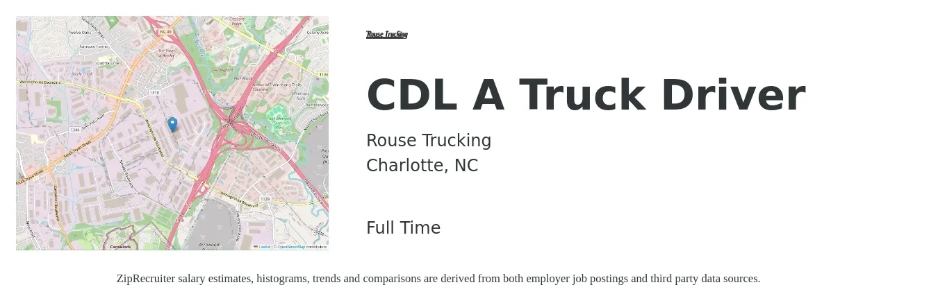 Rouse Trucking job posting for a CDL A Truck Driver in Charlotte, NC with a salary of $1,400 Weekly with a map of Charlotte location.