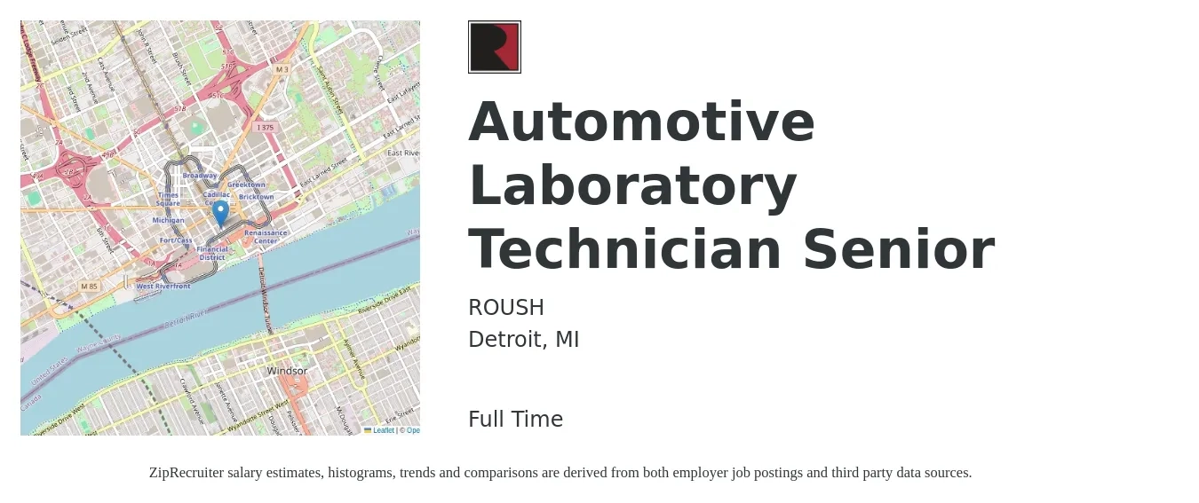 ROUSH job posting for a Automotive Laboratory Technician Senior in Detroit, MI with a salary of $21 to $29 Hourly with a map of Detroit location.