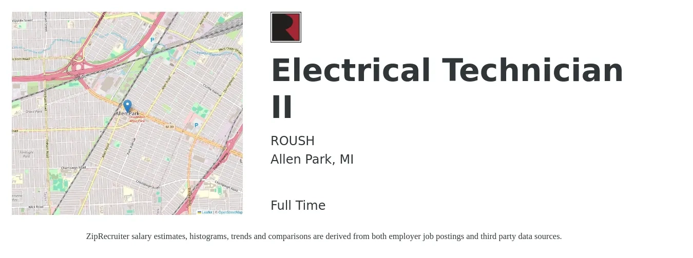 ROUSH job posting for a Electrical Technician II in Allen Park, MI with a salary of $21 to $30 Hourly with a map of Allen Park location.