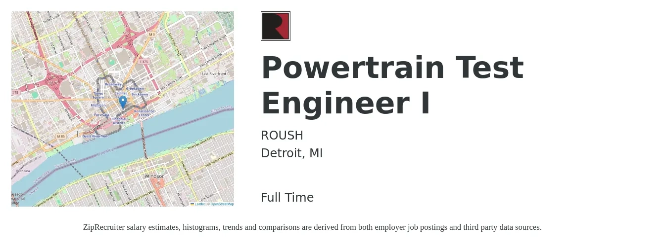 ROUSH job posting for a Powertrain Test Engineer I in Detroit, MI with a salary of $33 to $52 Hourly with a map of Detroit location.