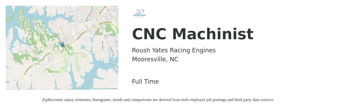 Roush Yates Racing Engines job posting for a CNC Machinist in Mooresville, NC with a salary of $18 to $25 Hourly with a map of Mooresville location.