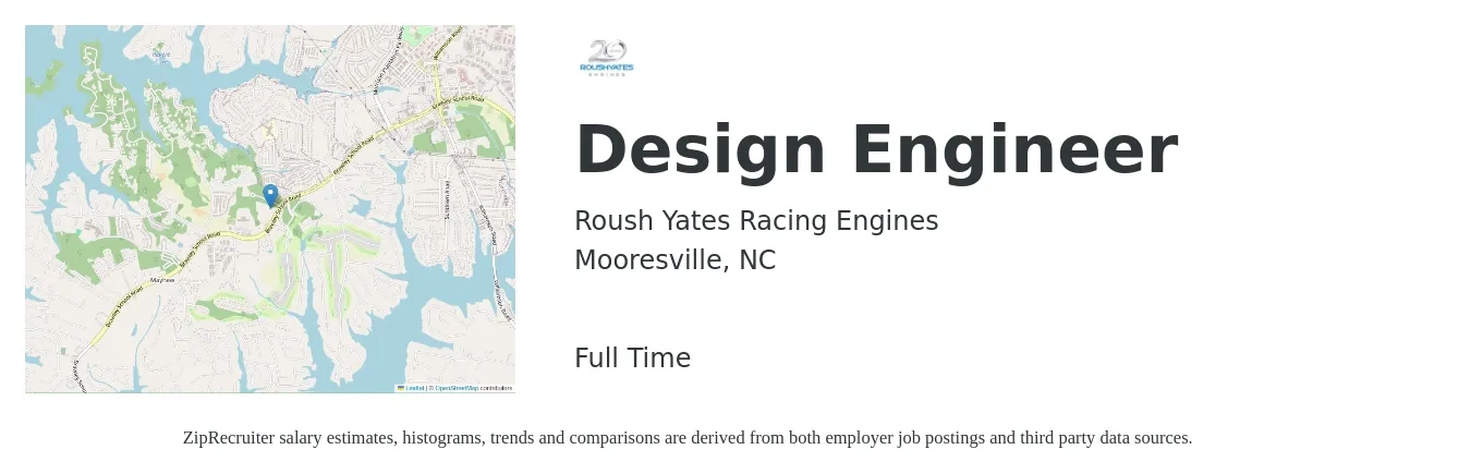 Roush Yates Racing Engines job posting for a Design Engineer in Mooresville, NC with a salary of $60,100 to $87,100 Yearly with a map of Mooresville location.