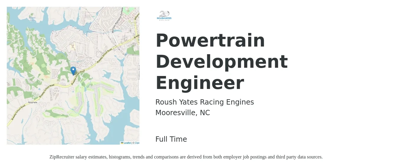 Roush Yates Racing Engines job posting for a Powertrain Development Engineer in Mooresville, NC with a salary of $70,300 to $94,100 Yearly with a map of Mooresville location.