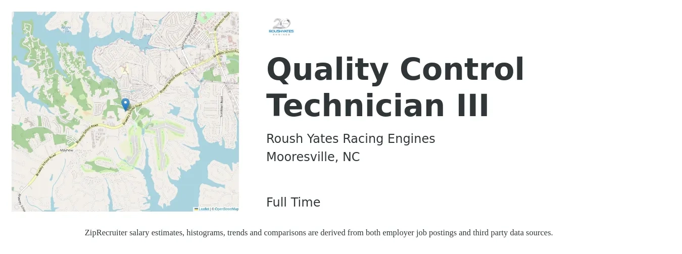 Roush Yates Racing Engines job posting for a Quality Control Technician III in Mooresville, NC with a salary of $16 to $21 Hourly with a map of Mooresville location.