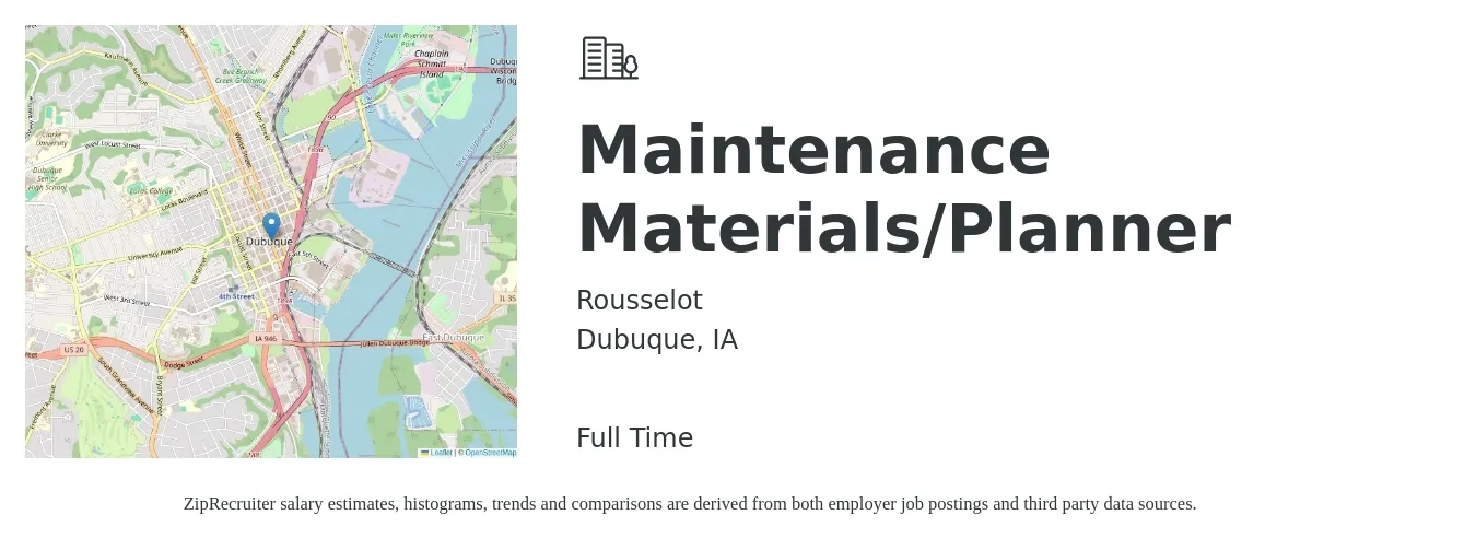 Rousselot job posting for a Maintenance Materials/Planner in Dubuque, IA with a salary of $27 to $42 Hourly with a map of Dubuque location.