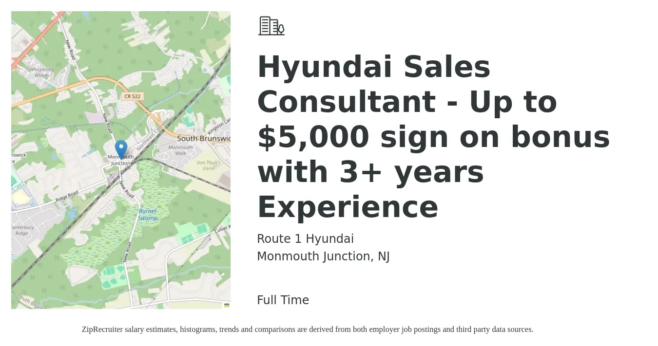 Route 1 Hyundai job posting for a Hyundai Sales Consultant - Up to $5,000 sign on bonus with 3+ years Experience in Monmouth Junction, NJ with a salary of $18 to $31 Hourly with a map of Monmouth Junction location.