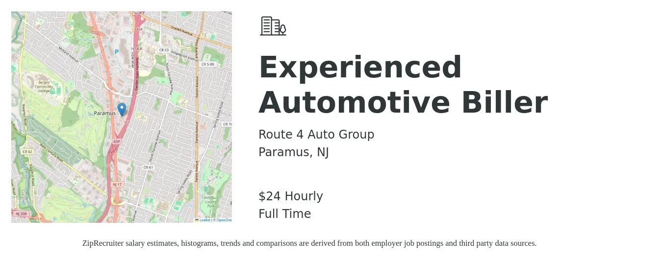Route 4 Auto Group job posting for a Experienced Automotive Biller in Paramus, NJ with a salary of $25 Hourly with a map of Paramus location.