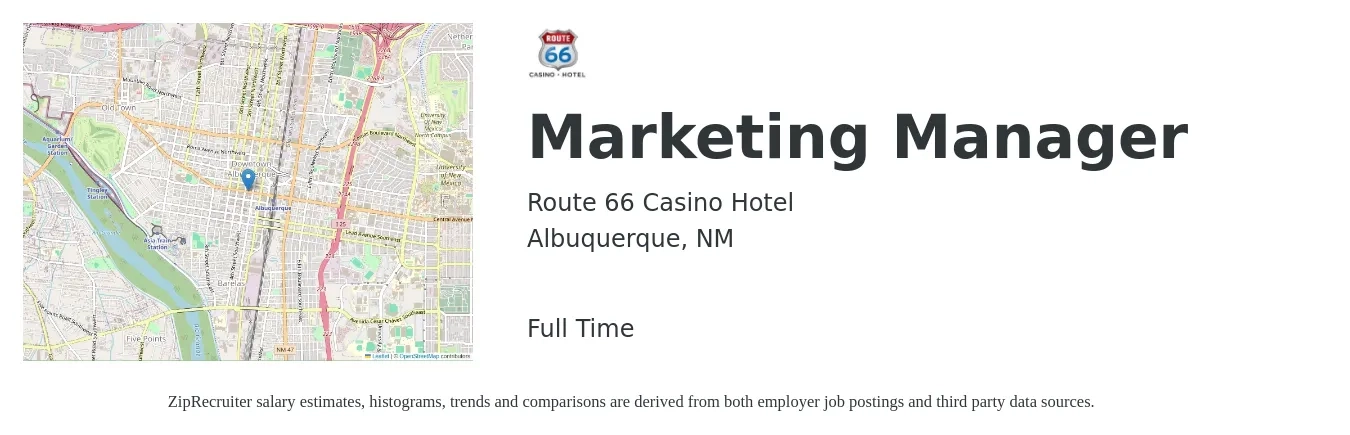 Route 66 Casino Hotel job posting for a Marketing Manager in Albuquerque, NM with a salary of $58,200 to $95,000 Yearly with a map of Albuquerque location.