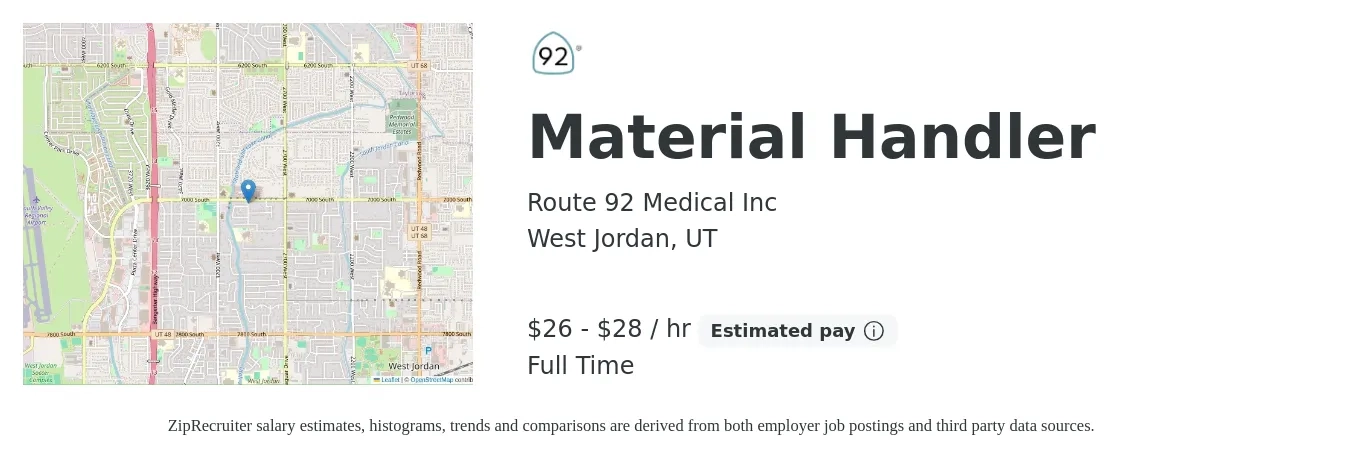 Route 92 Medical Inc job posting for a Material Handler in West Jordan, UT with a salary of $28 to $30 Hourly with a map of West Jordan location.
