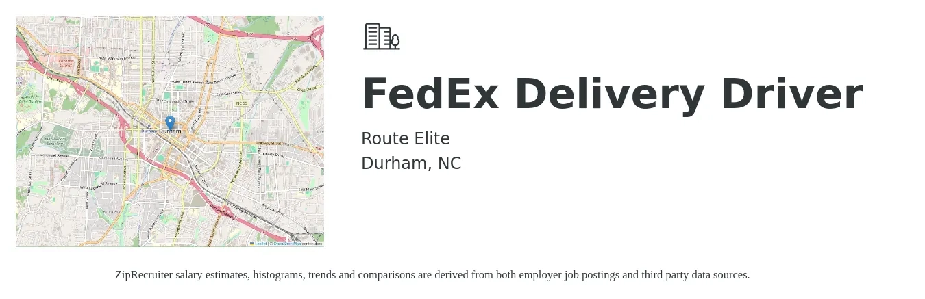 Route Elite job posting for a FedEx Delivery Driver in Durham, NC with a salary of $650 to $1,400 Weekly with a map of Durham location.