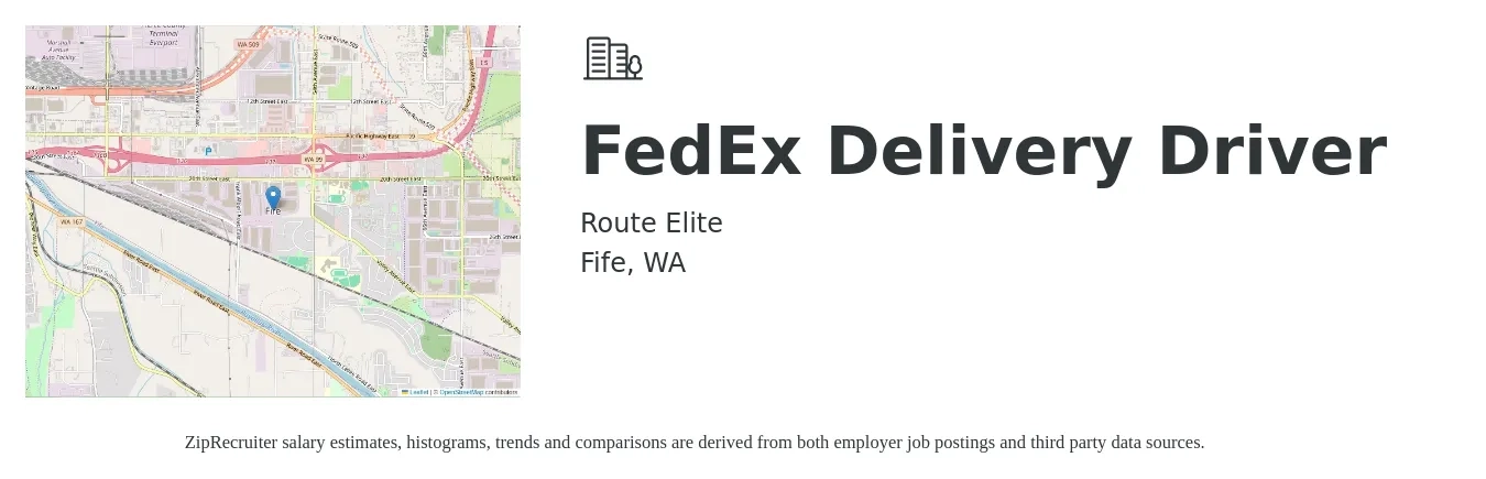 Route Elite job posting for a FedEx Delivery Driver in Fife, WA with a salary of $800 to $1,500 Weekly with a map of Fife location.