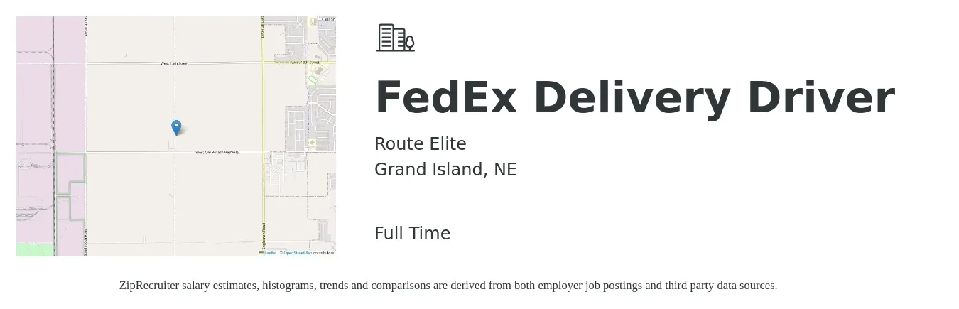 Route Elite job posting for a FedEx Delivery Driver in Grand Island, NE with a salary of $18 to $20 Hourly with a map of Grand Island location.