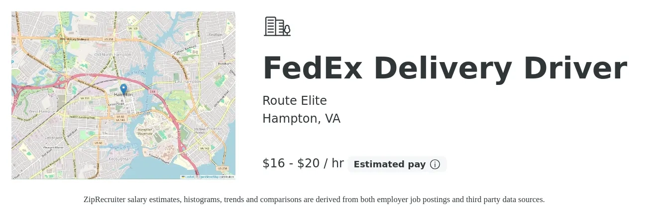 Route Elite job posting for a FedEx Delivery Driver in Hampton, VA with a salary of $700 to $1,350 Weekly with a map of Hampton location.