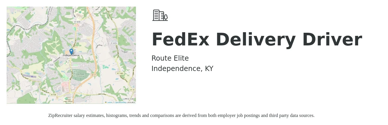 Route Elite job posting for a FedEx Delivery Driver in Independence, KY with a salary of $850 to $1,200 Weekly with a map of Independence location.