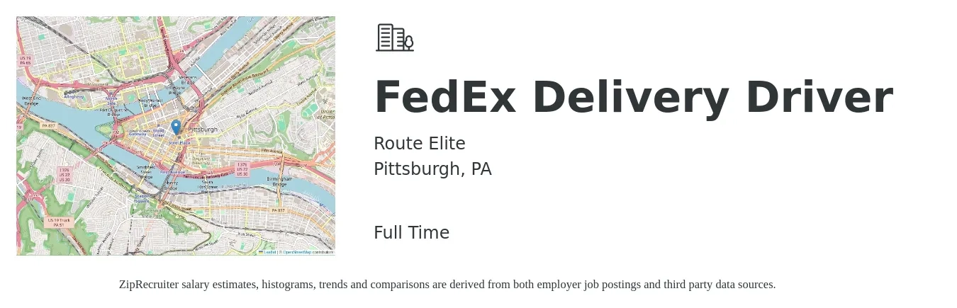 Route Elite job posting for a FedEx Delivery Driver in Pittsburgh, PA with a salary of $160 to $200 Daily with a map of Pittsburgh location.