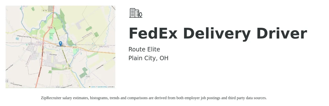 Route Elite job posting for a FedEx Delivery Driver in Plain City, OH with a salary of $750 to $800 Weekly with a map of Plain City location.