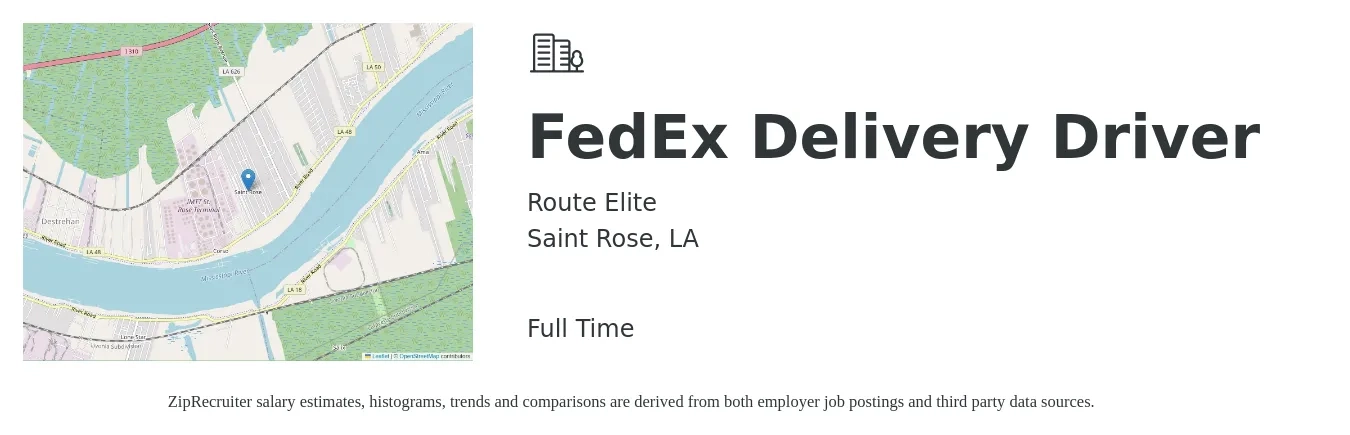 Route Elite job posting for a FedEx Delivery Driver in Saint Rose, LA with a salary of $170 to $185 Daily with a map of Saint Rose location.