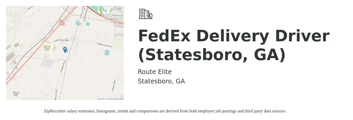 Route Elite job posting for a FedEx Delivery Driver (Statesboro, GA) in Statesboro, GA with a salary of $700 to $900 Weekly with a map of Statesboro location.