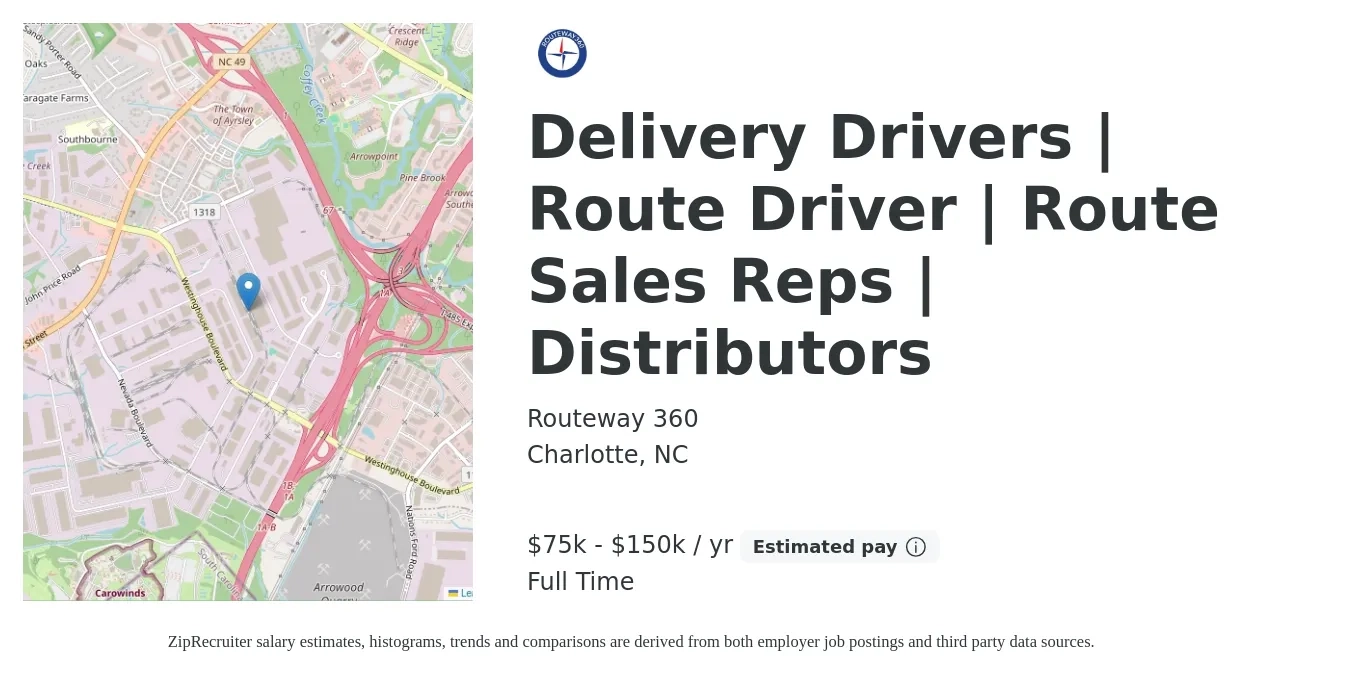 Routeway 360 job posting for a Delivery Drivers | Route Driver | Route Sales Reps | Distributors in Charlotte, NC with a salary of $75,000 to $150,000 Yearly with a map of Charlotte location.