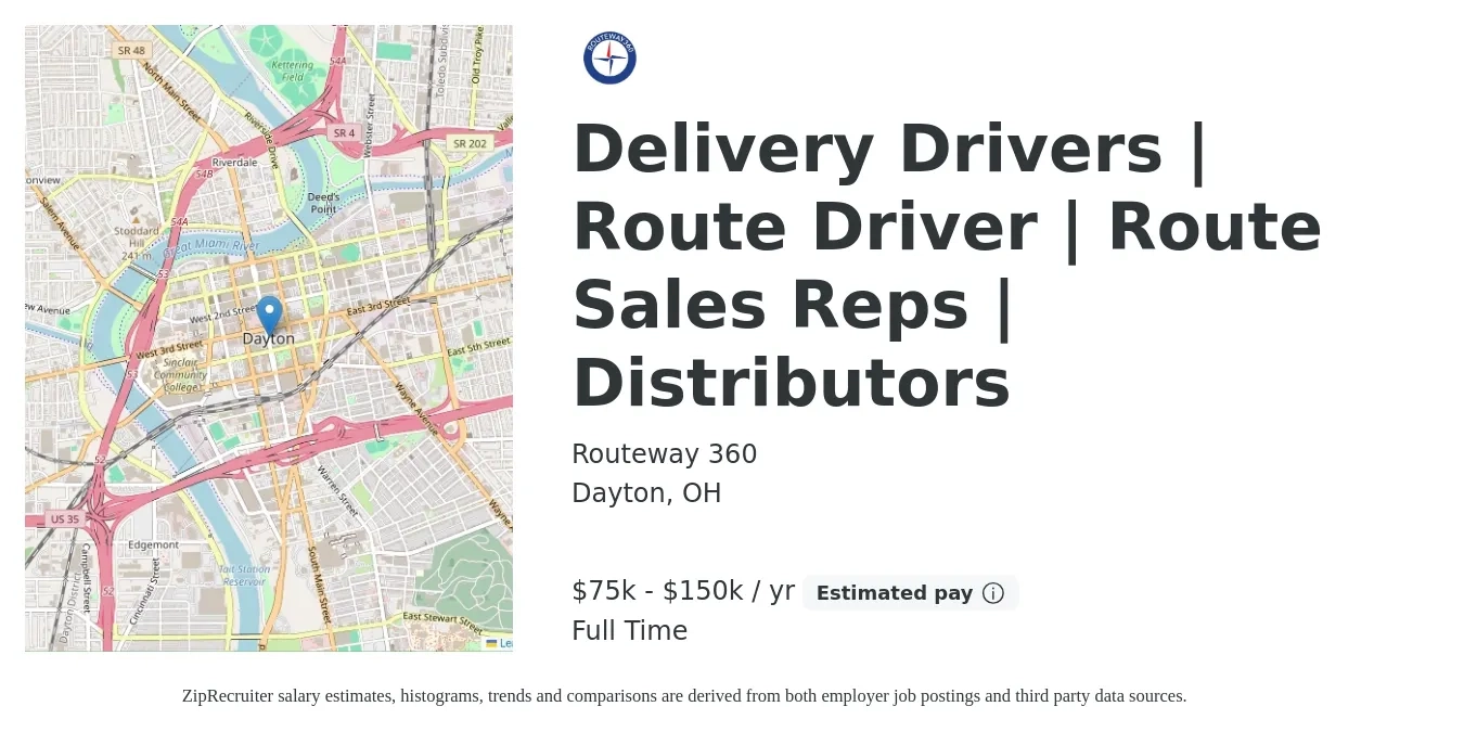 Routeway 360 job posting for a Delivery Drivers | Route Driver | Route Sales Reps | Distributors in Dayton, OH with a salary of $75,000 to $150,000 Yearly with a map of Dayton location.
